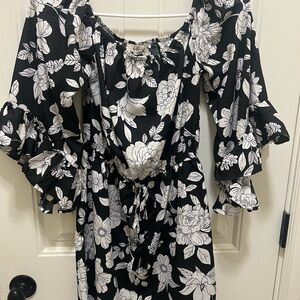 Blush Black and White Floral Long Sleeve Dress